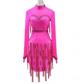 Custom size competition Fuchsia hot pink fringe latin dance dresses competition salsa rumba chacha professional ballroom dance wear for female